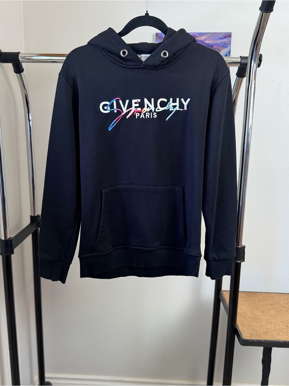 Givenchy Paris Logo Embroidered Hoodie Black Size L